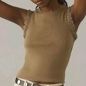 Maeve By Anthro Eyelet Trim Rivets Tank Top Medium Olive Green Ruffles Crop